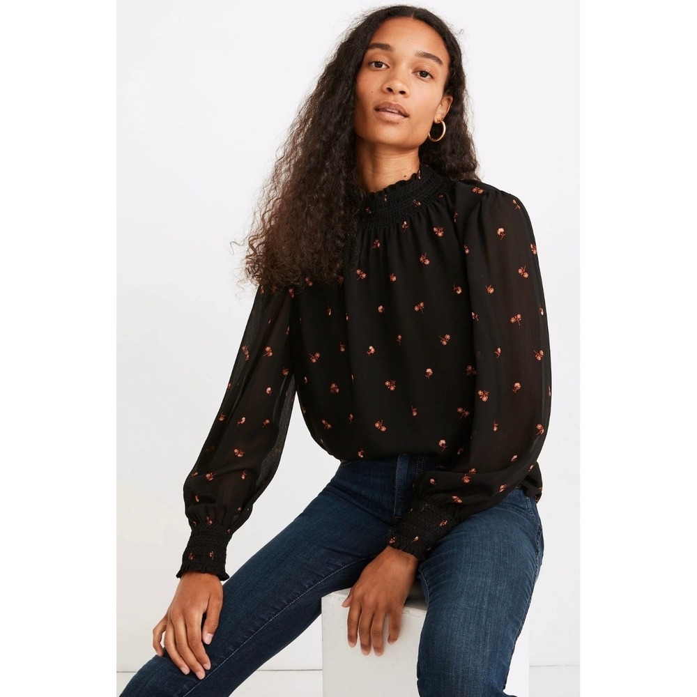 Madewell Women Georgette Smocked Mockneck Top Amie Floral Medium Black Blouse